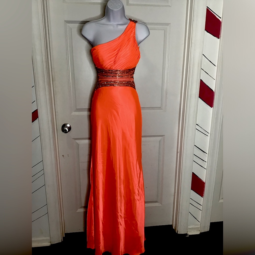 Vintage 90’s Betsy and Adams Bright Orange One Shoulder Satin Prom Gown Size 2